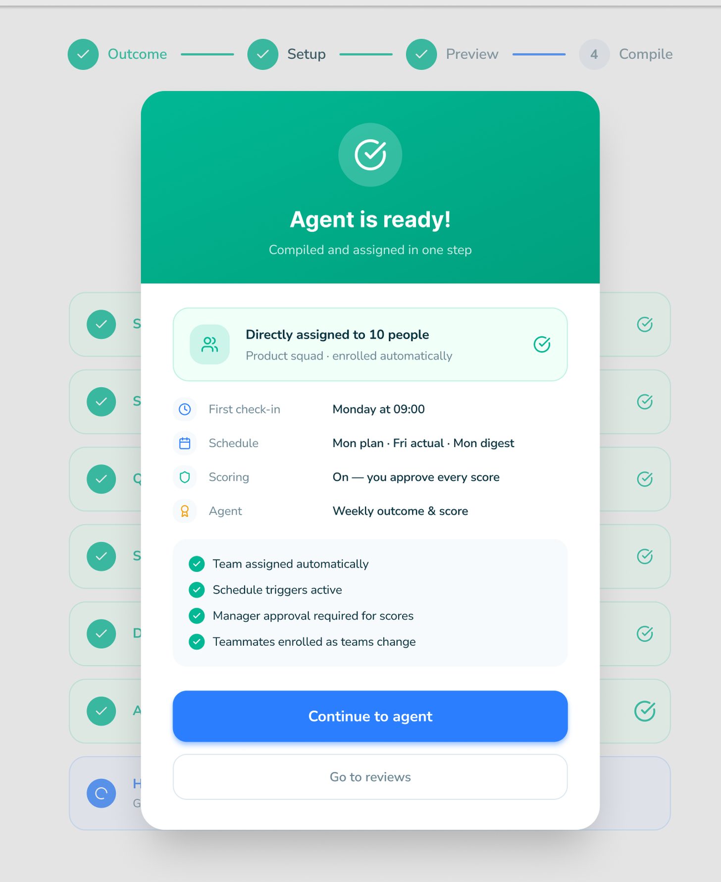 Efforti compile screen: Agent is ready. Team assigned automatically, schedule triggers active, manager approval required for scores