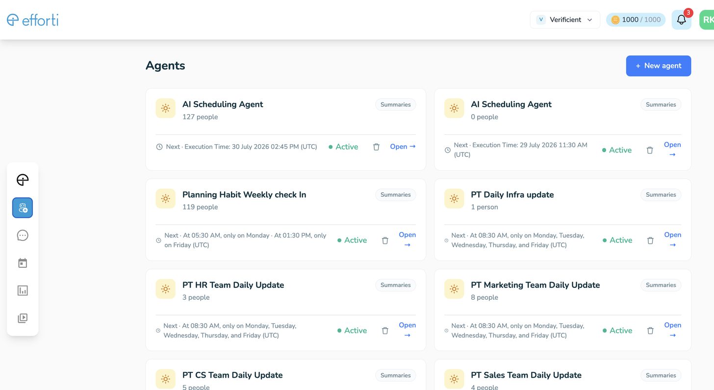 The agents list in the RemoteDesk and Verificient family workspace: scheduling and planning-habit agents for over a hundred people, plus daily updates for HR, marketing, CS, sales and infra