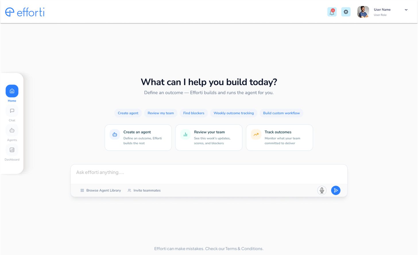 Efforti home: describe the outcome in your own words and Efforti builds and runs the agent