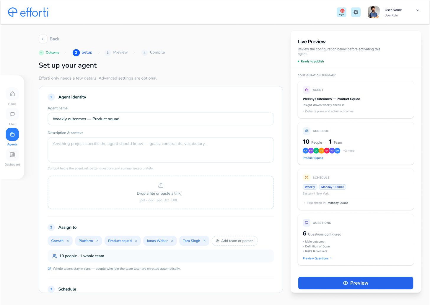 Efforti agent setup with plain-language briefing and a live preview rail
