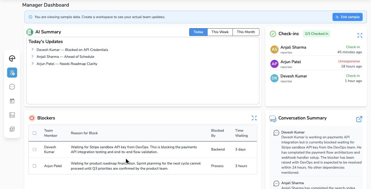 Efforti sample dashboard with AI summaries and team check-ins