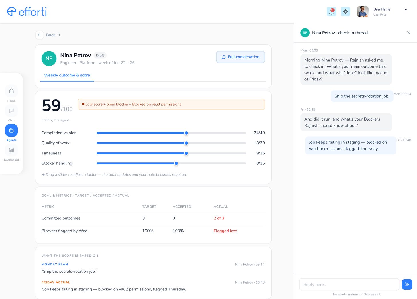Efforti review screen: a drafted score with its weighted rubric sliders next to the check-in conversation it was built from